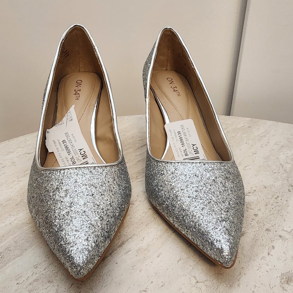 On 34th Womens Jeules Pointed-Toe Sli Silver Glitter 8M